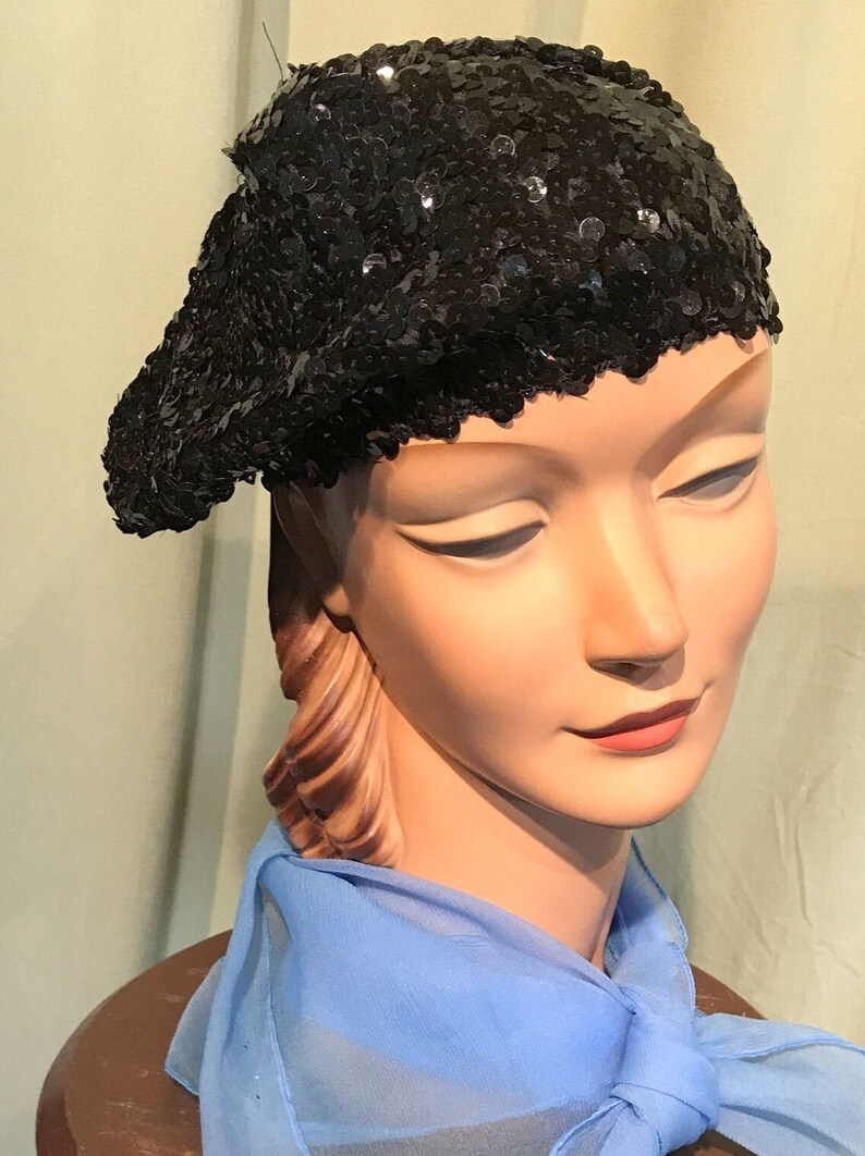 Fun Original Vintage 90s Black Sequin Stretch Beret Tam Hat Small Size