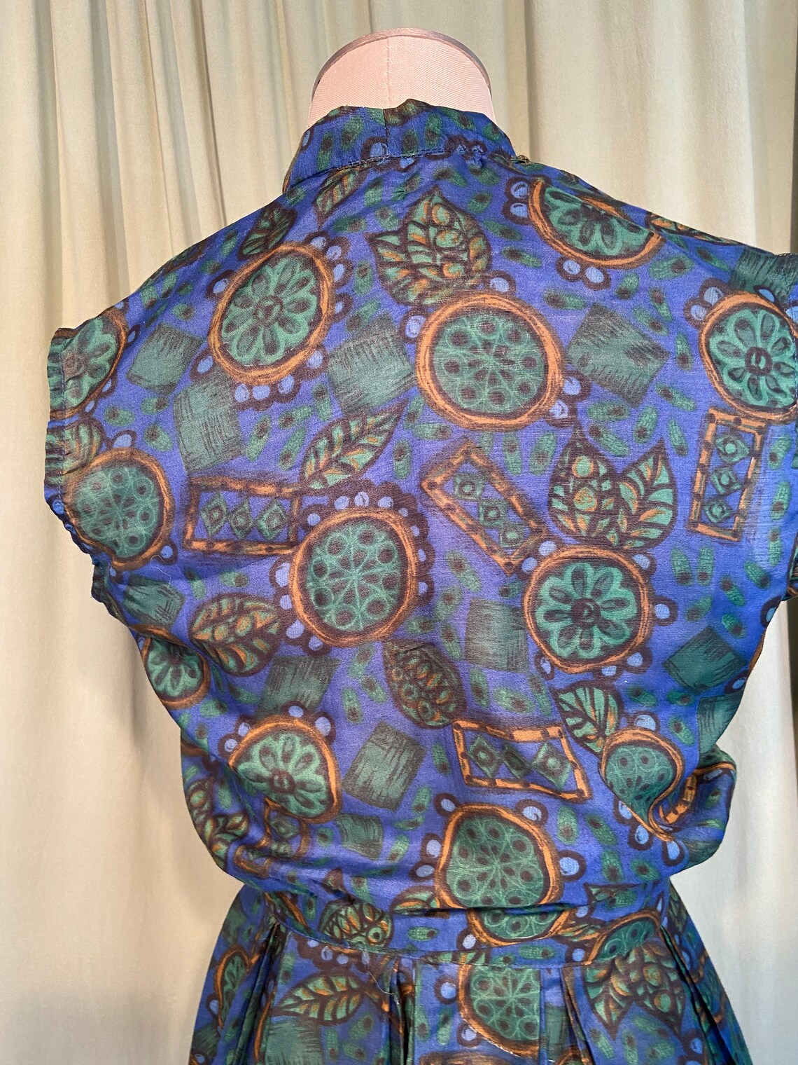 Fun Original Vintage 60s Blue Green Cotton Blend Blousy Middy | Etsy