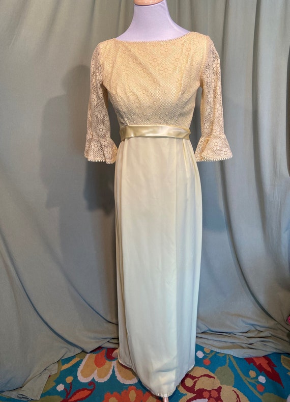 Sweet Original Vintage Mod 60s Sunny Yellow Formal Gown Bridesmaid Dress W Removable Lace Train Bust 32" Empire Waist 25" - Etsy Sweet Original Vintage Mod 60s Sunny Yellow Formal Gown Bridesmaid Dress W Removable Lace Train Bust 32" Empire Waist 25" - Etsy