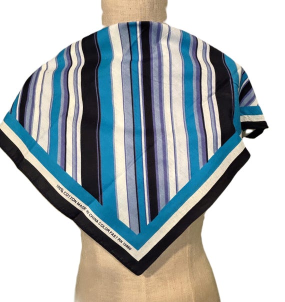 Cute Vintage 80s Cotton Bandana Scarf Blue Stripe… - image 1