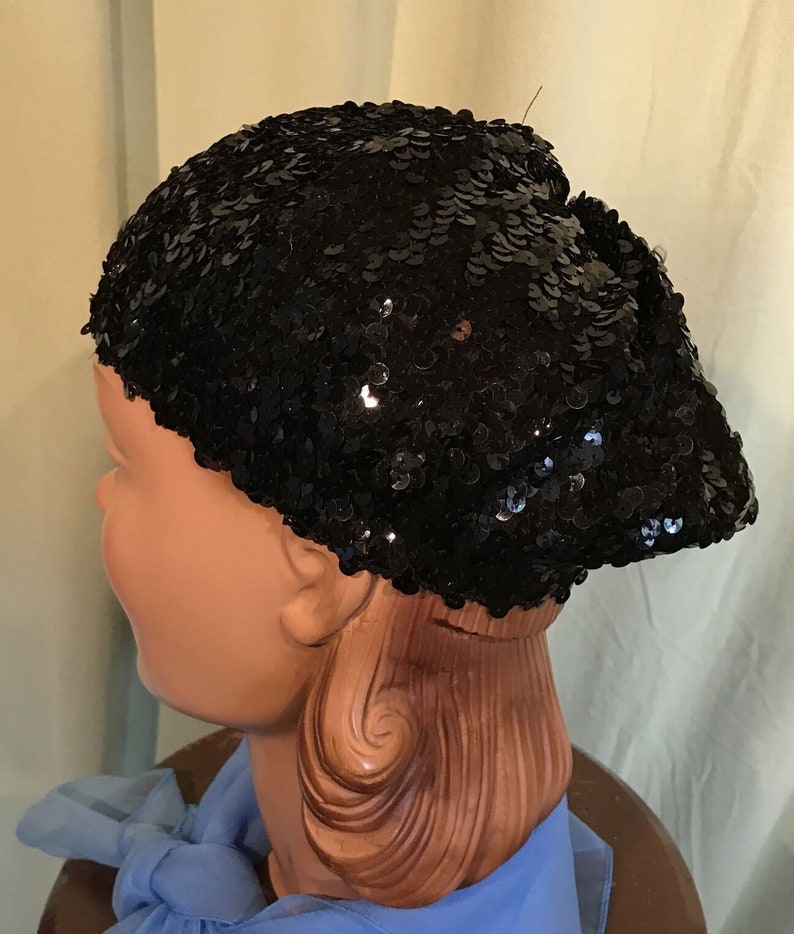 Fun Original Vintage 90s Black Sequin Stretch Beret Tam Hat Small Size