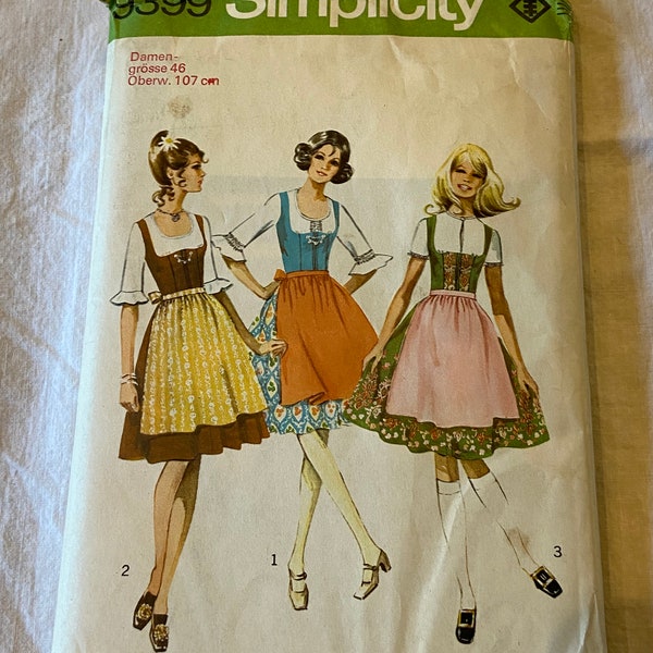 Original Vintage 1971 Simplicity German Dirndl Dress Blouse & Apron Pattern Written in German 9399 Size 46 Bust 42 Complete Cut Instructions