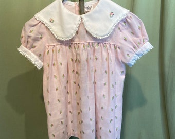 Sweet Original Vintage Mid Century Little Girl's Pink Short  Sleeve Cotton Dress Tag Size 5 Chest 28"