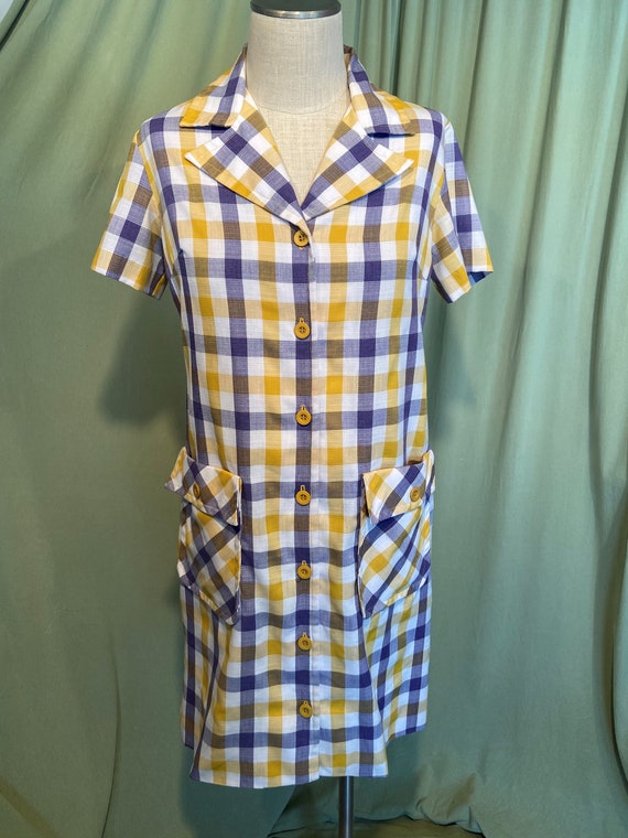 Cute Vintage 70s Cotton Blend Yellow Purple Plaid… - image 1