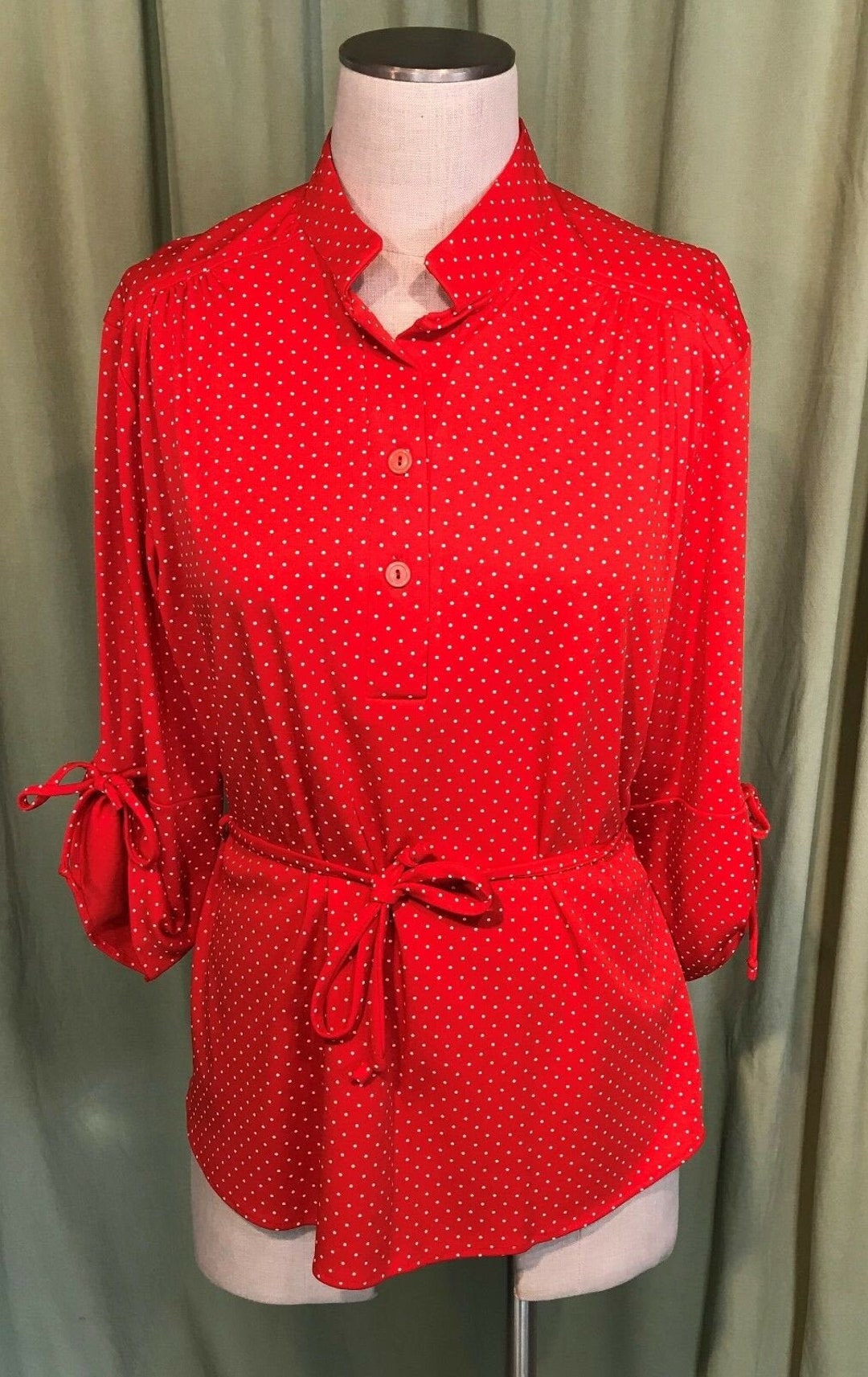 Cute Original Vintage 60s 70s Red Poly Belted Polka Dot Tunic Top With ...