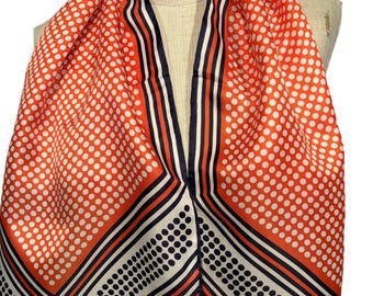Lenço longo original vintage dos anos 60 Sally Gee em mistura de seda e rayon com bolinhas vermelhas, brancas e azuis