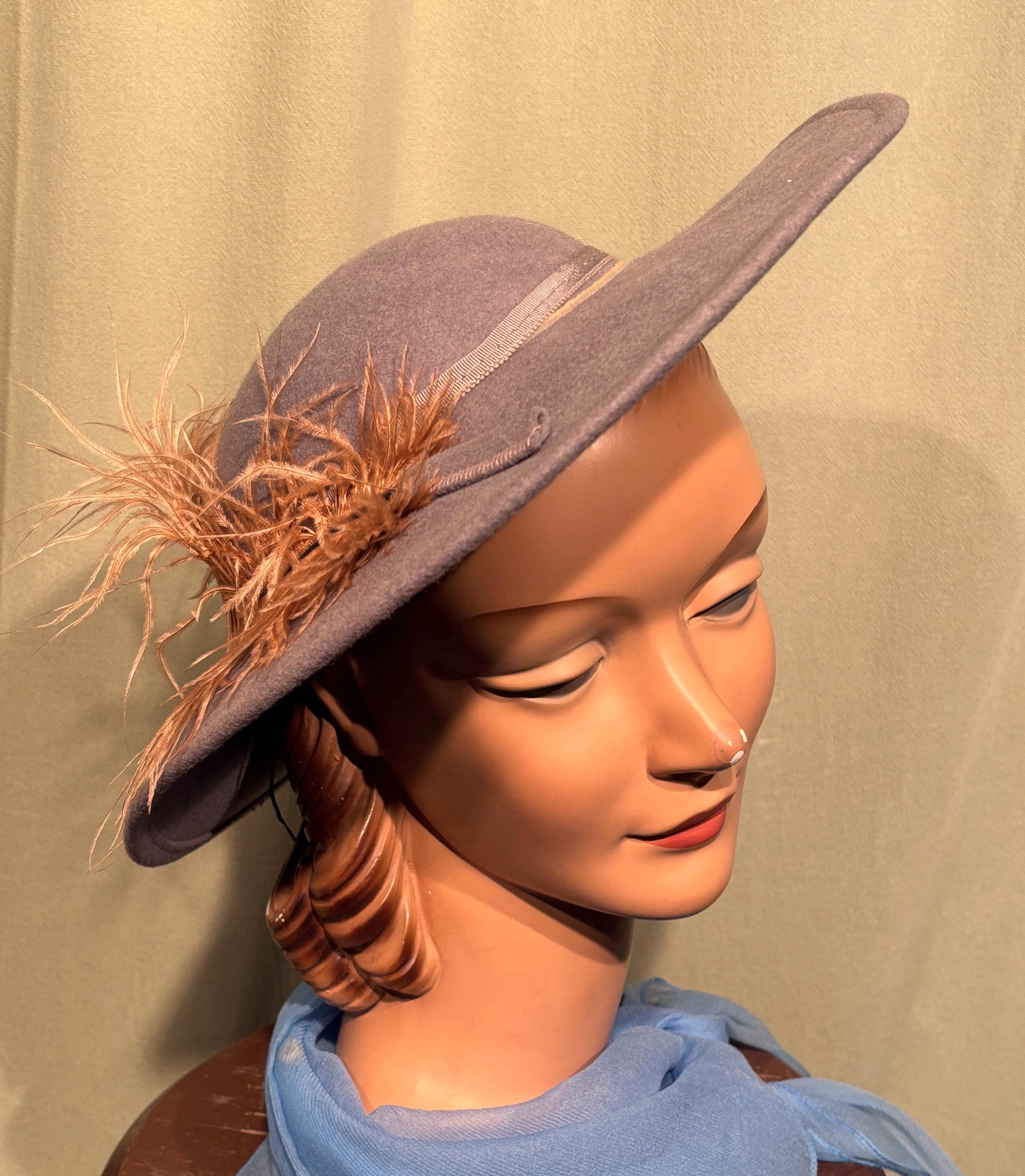 グレー ウールフェルト ボウラーハット　レース　リボン　ヴィンテージ シックなオリジナルヴィンテージ80年代Bollmanグレーウールフェルト