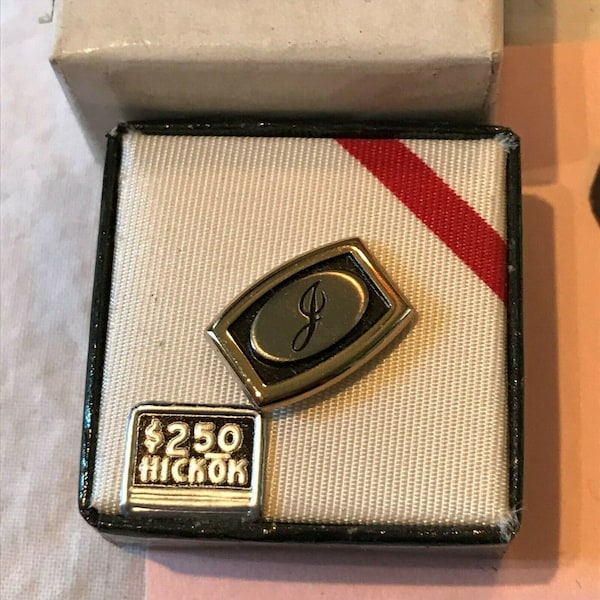 Deadstock IOB Original Vintage Hickok Gold and Silver Tone Tie Tack Pin w Safety Chain Back Initial J