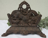 Deer buck letter mail napkin holder Unusual Vintage heavy metal cast iron hunter wildlife hunting dog rusty brown bronze color footed sturdy