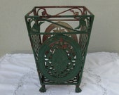 Unique Vintage old green lattice leaf design iron metal square basket stand planter sturdy strong rusty patina waste wastebasket unusual