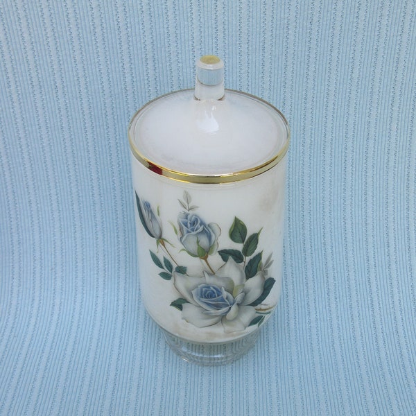 Antique apothecary jar canister frosted white glass pedestal with blue rose design vintage w lid bath display clear base & finial