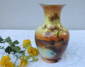 Noritake Morimura Art Deco hand painted vase MCM color design orange yellow brown old stamped Vintage sunset colors farm cabin on the water