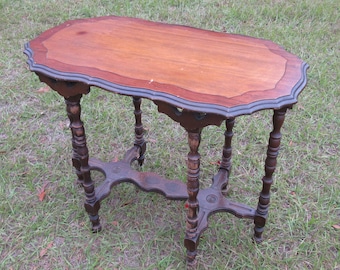 Side table sofa foyer 36" wood Antique vintage possibly hand carved lathe turned detailed dainty elegant small medium hall fancy oval lamp