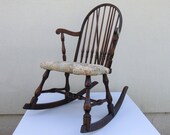 Child 39 s rocking chair Vintage children 39 s rocker Windsor style furniture gift boy girl spindled dark stain wood floral upholstered cloth seat
