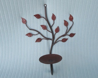 Sconce candle holder tree Vintage metal pillar wall hanging swirled Fall leaves unique different family tree of life black bronze brown leaf