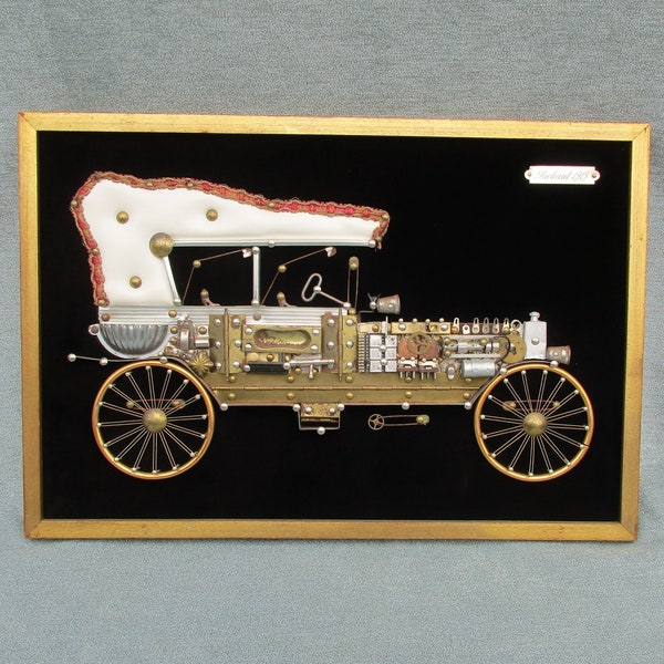 Antique automobile collector Steampunk Wall art 25x17 metal art wall hanging 1915 Packard wood frame misc. metal parts Vintage Rare unusual