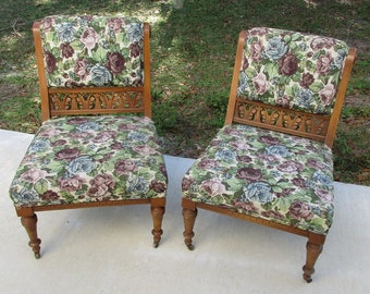 Chairs carved wood and floral upholstery Matching pair Vintage possibly antique Chairs set of 2 upholstered side accent decorative unusual