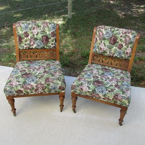 Chairs carved wood and floral upholstery Matching pair Vintage possibly antique Chairs set of 2 upholstered side accent decorative unusual
