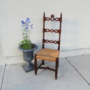 Fancy carved tall ladder back chair 48&quot; Vintage excellent condition wood rush woven seat accent spare dining desk narrow straight dark brown