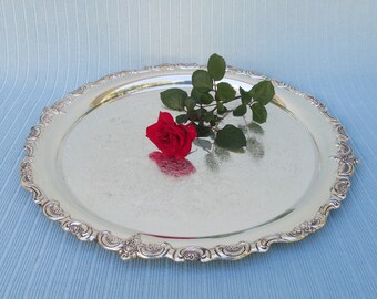 Round tray platter Large Towle 17" diameter serving butler Vintage decently heavy silver plate scalloped edge fancy ornate filigree design