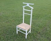 Butler Valet chair white w wicker seat Cottage Shabby Chic Vintage wood clothes suit hanger garment dressing room suit tux shop store tray
