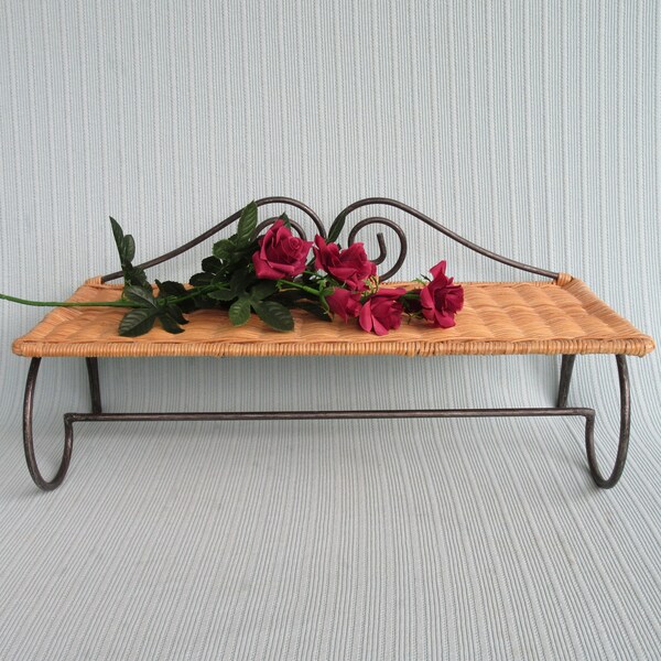 Shelf & towel rack Vintage wicker with swirled scrolled metal hand dish towel bar apron nursery bath kitchen organizer wall hanging display