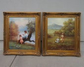 Large Paintings set of two original signed art fancy ornate frames Vintage possibly antique filigree scrolled carved syroco wood statement