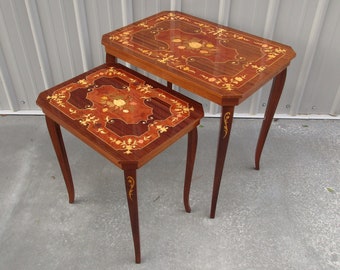 Set of two Italian marquetry inlaid nesting tables wood side tables Vintage Inlaid small fancy roses inlay multi color wood tea table set