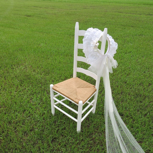 Chair Vintage ladder back white cottage shabby chic wood with natural rush style woven seat spare dining desk kitchen narrow straight back