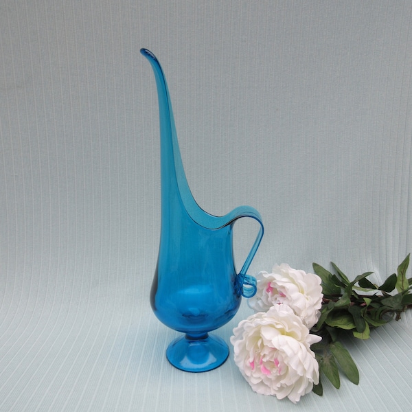 Vintage tall Turquoise blue pitcher 60's spout 18" LE Smith water pitcher Ewer Blenko type clear glass art Mid Century Modern vase Retro MCM