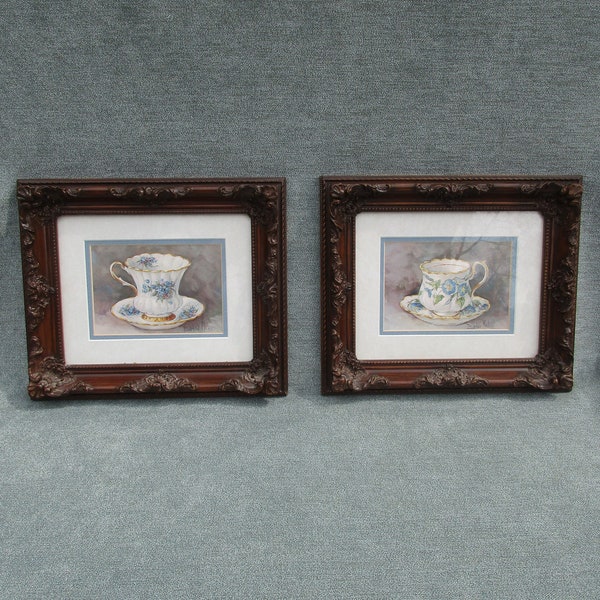 Barbara Mock teacup prints 13x11 Blue and white in fancy ornate carved wood look frames pair of two set of 2 Victorian style Cottage Chic