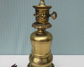Brass lamp Vintage 30 quot ornate fancy carved filigree key design solid electric table gold tone round slight vintage patina ruffle style