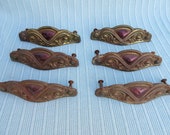 Antique,Vintage,set of six,metal,brass look or plated,drawer pulls,handles,old rusty patina,dresser,chest of drawers,purple color,