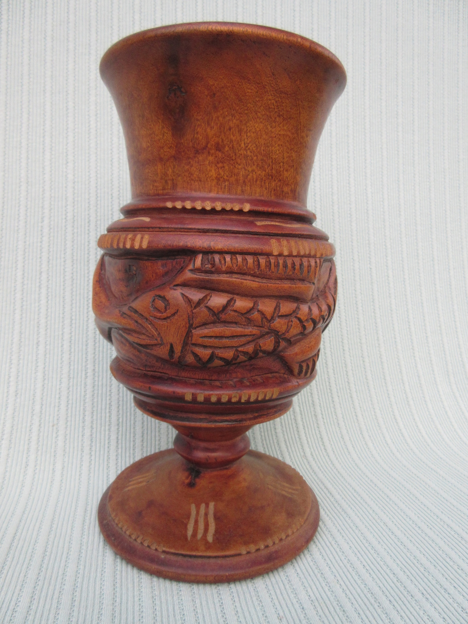 Hand Carved Wood Pedestal Vase Sculpture Fish Design Nick Etsy