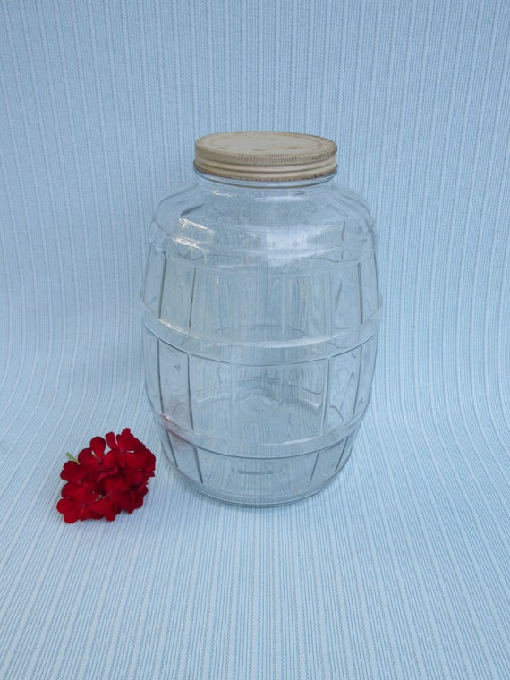 Vintage Glass Large Cookie Jar Wood Top, Rustic Kitchen, Farmhouse