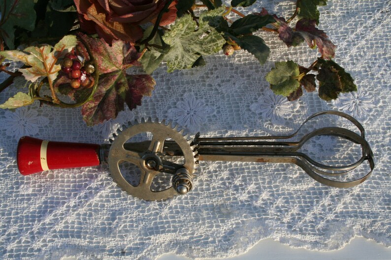 Vintage Hand Crank Mixer Beater Kitchen Tool Utensil With Red Etsy