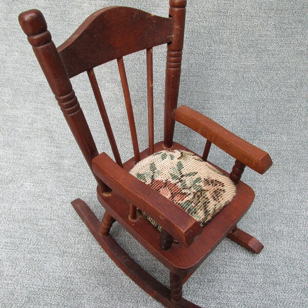 Doll rocking chair rocker Vintage 8" tall wood spindled tiny stuffed animal bear chair country rustic dark brown arm chair w cushion & arms