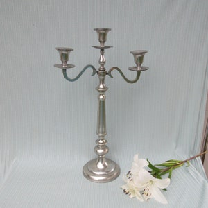 Candelabra 25&quot; candle holder stick huge Vintage tall large silver aluminum taper centerpiece three light aged patina formal fancy wedding