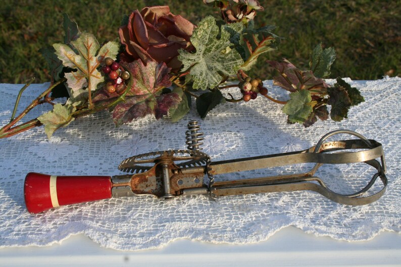 Vintage Hand Crank Mixer Beater Kitchen Tool Utensil With Red Etsy