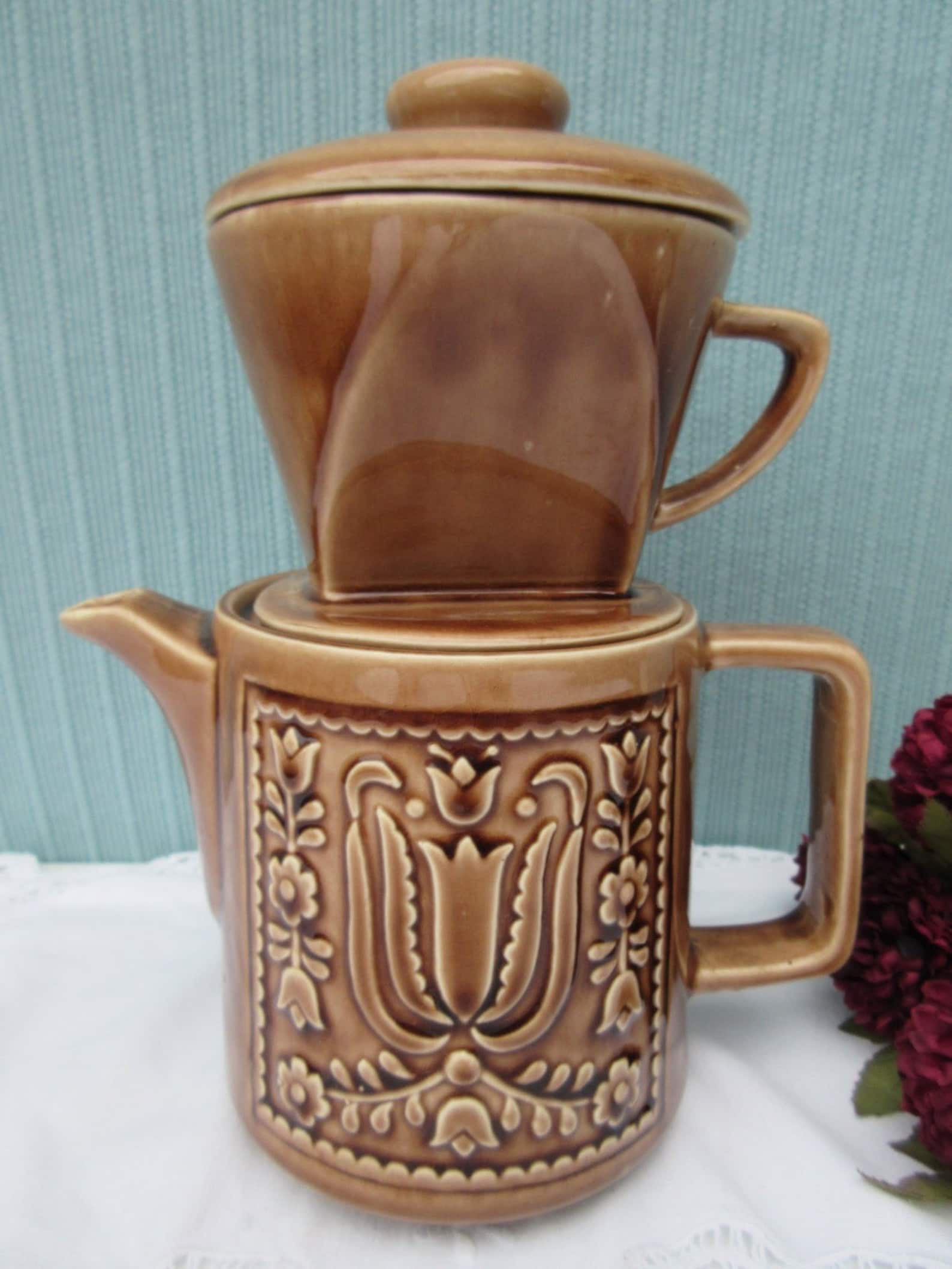Tea steeper Teapot cup unusual unique Vintage brown ceramic Etsy