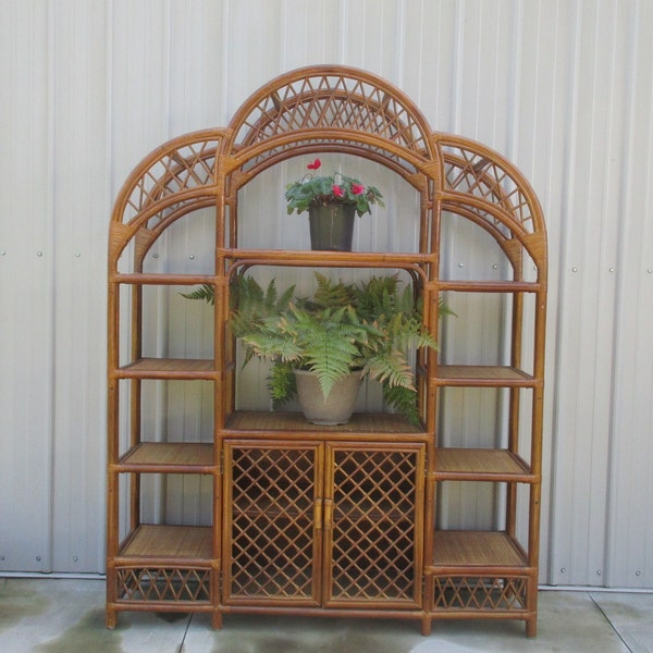 Large Bamboo & wicker shelving unit 78x60 natural wicker rattan standing shelf Tropical display plant stand pool patio Spa Salon Coffee Shop