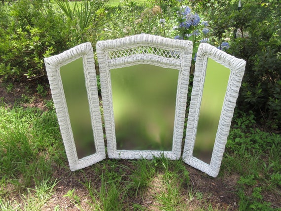 Mirror Vintage White Wicker Clear Large Three Way Section Etsy