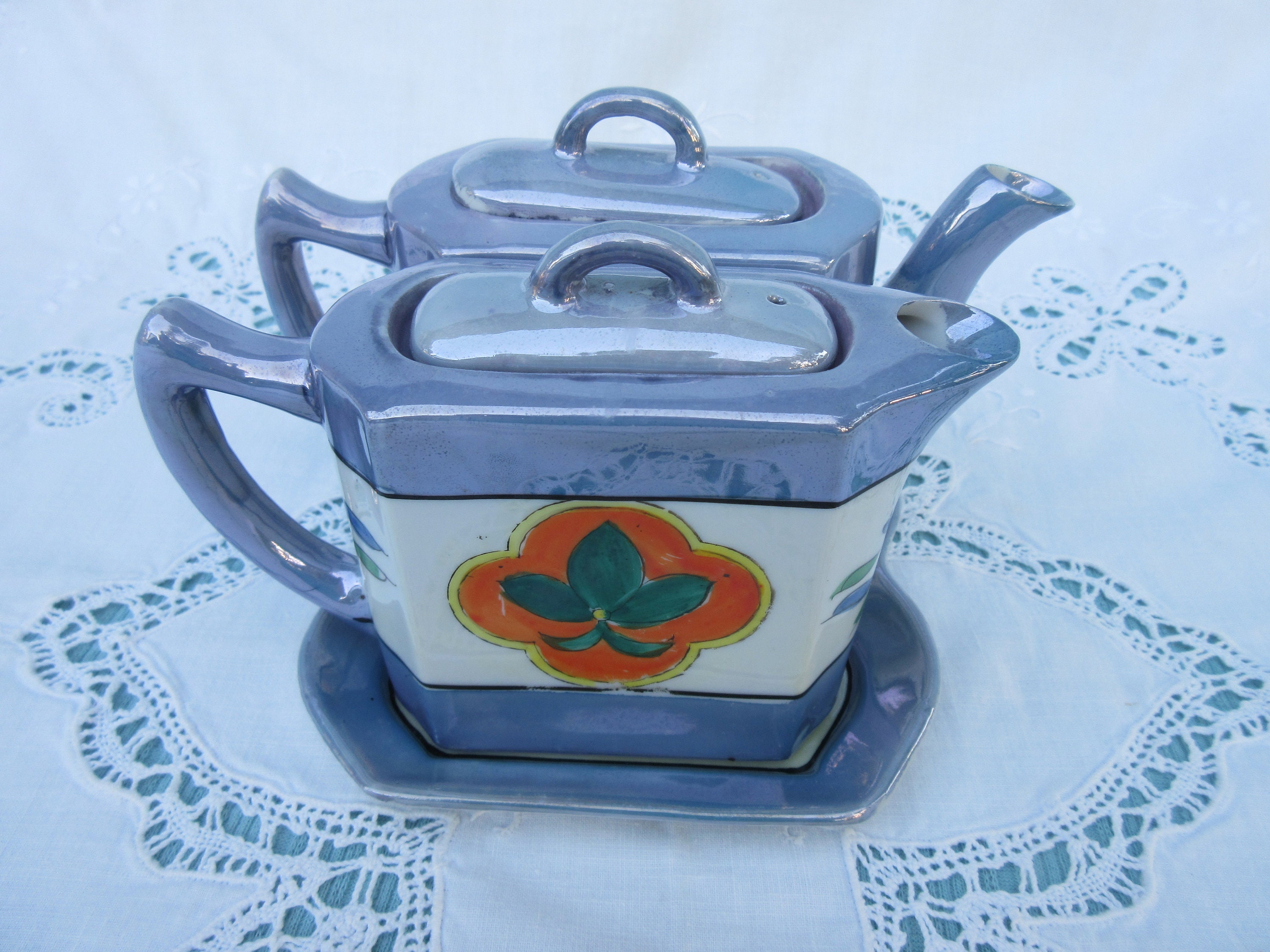 アニメ Twin of Tribute Teadrops Takito Lusterware Mini Twin Teapot Antique Iridescent Blue