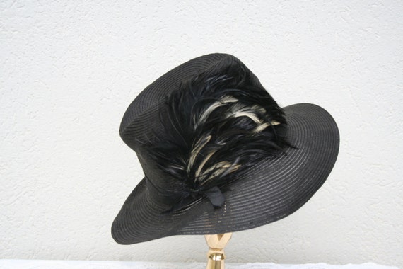 Vintage, black,woven ,ladies, dress hat, with fea… - image 1