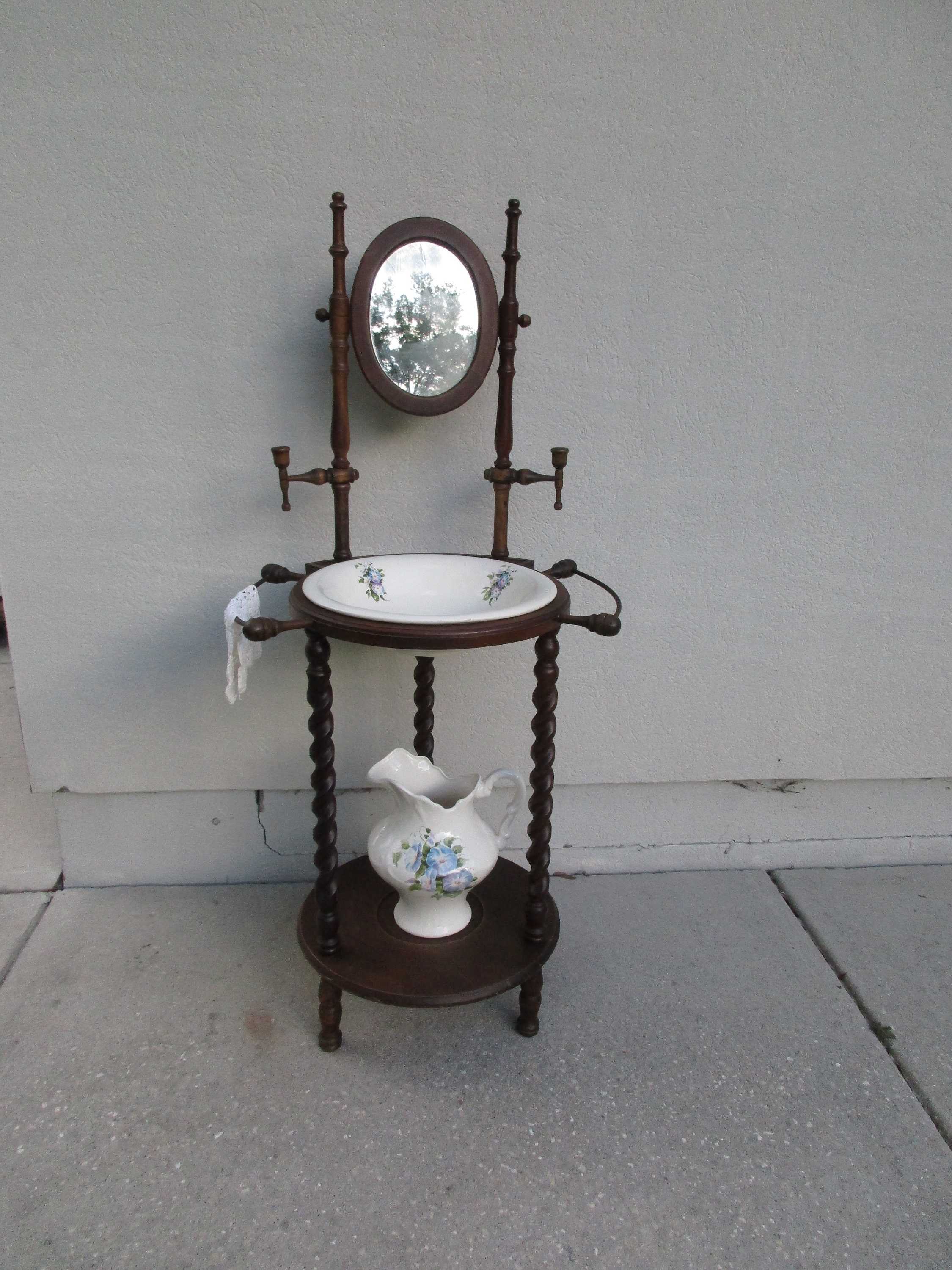 RESERVED Antique wash bowl stand barley twist spindled wood swivel mirror candle holders towel racks spindles Victorian pitcher bowl set