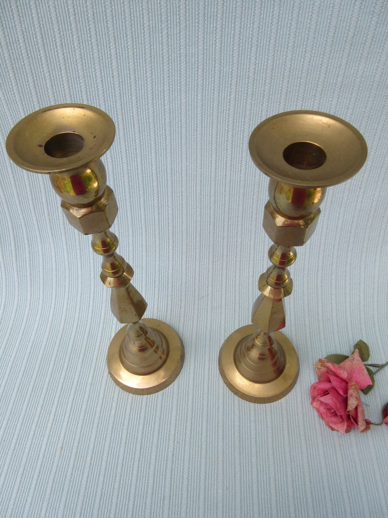 Candle holders Vintage solid brass 13 taper sticks matching pair centerpiece set of two light patina gold tone wedding 50th anniversary