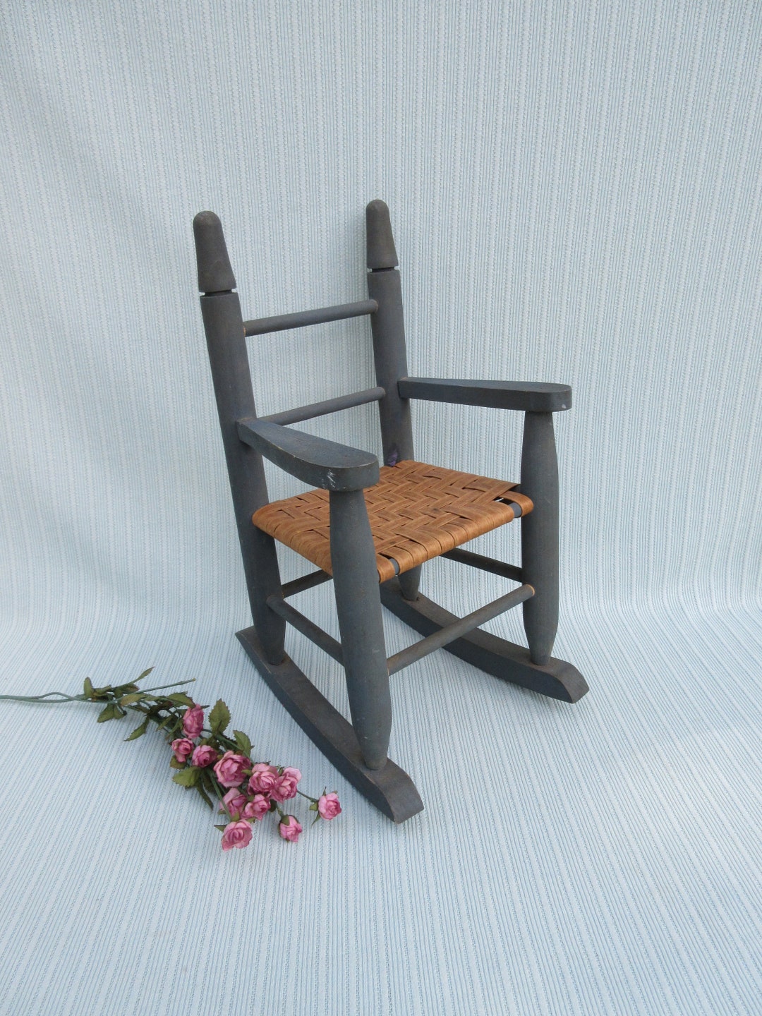 Toy Size Rocking Chair Doll Rocking Chair Rocker Vintage Wood Wicker Woven Country Blue Paint ...