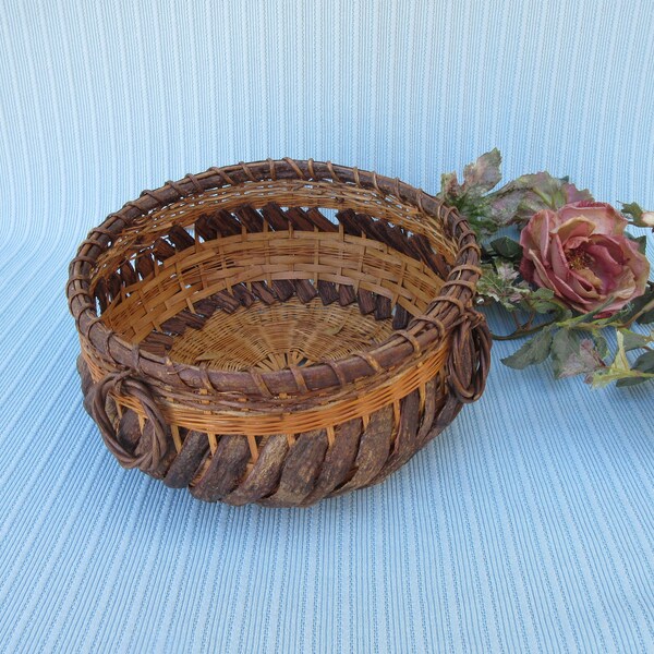 Basket wood bark wicker woven unusual unique Vintage 10" round four hanging loops light to medium weight size planter plant holder hanger