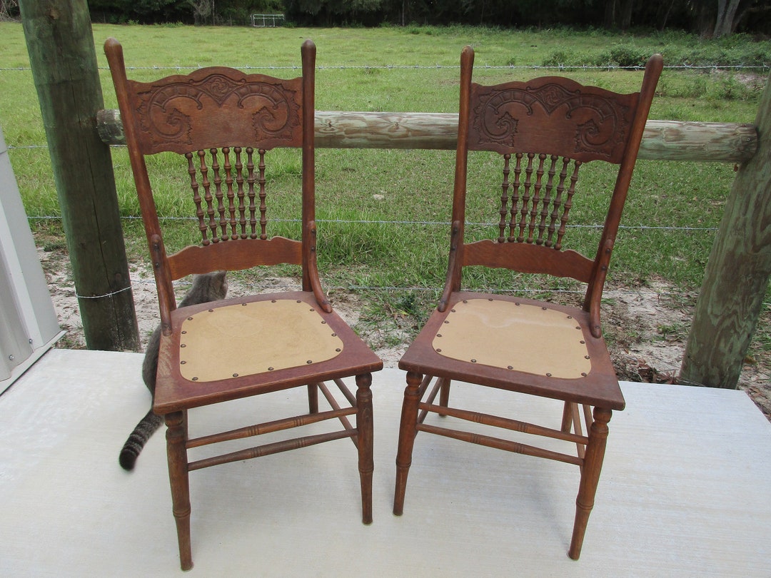 Antique Pressback Wood Chairs Set of Two Matching Pair Carved Etsy