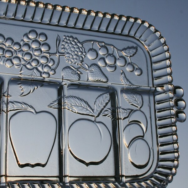 Glass dish plate tray divided fruit design Vintage heavy clear Indiana serving relish condiment snack luncheon dresser kitchen tea organizer